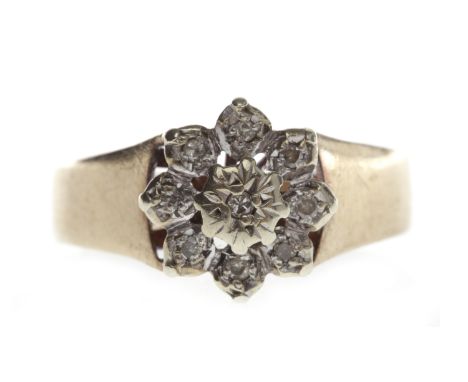 NINE CARAT GOLD DIAMOND CLUSTER RINGwith illusion set diamonds, on a tapered shank, size M-N, 3.3g