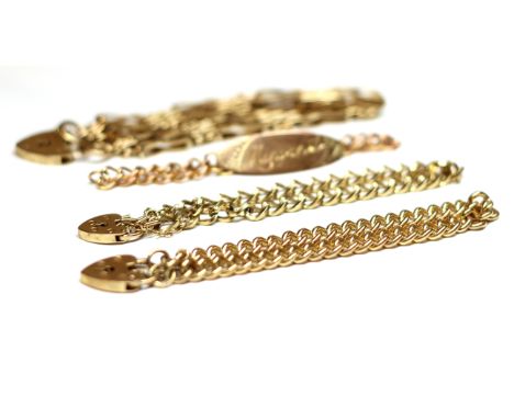 FOUR VARIOUS NINE CARAT GOLD BRACELETScomprising three curb link examples and a gate link example, 47.5g gross