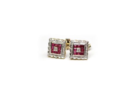 PAIR OF NINE CARAT GOLD RUBY AND DIAMOND EARRINGSthe square bezel set with princess cut rubies and a central diamond, within 