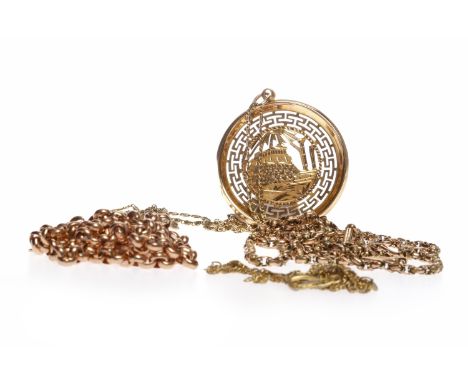 NINE CARAT GOLD ROLO LINK CHAINin rose gold, 60cm long, 29.9g; along with another link chain necklace, 74cm long, 13g; eighte