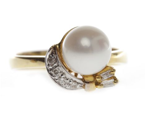 PEARL AND DIAMOND DRESS RINGset with a single white pearl 7.7mm diameter and round and taper cut diamonds, unmarked, size M 