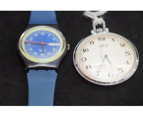 Oris pocket watch, crack to glass currently ticking together with a swatch watch 