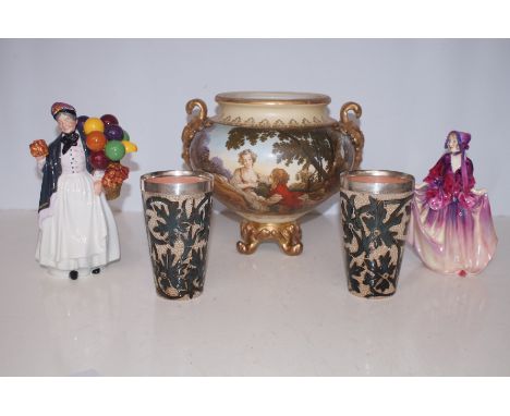 Large planter Francois boucher scene, Royal Doulton Sweet Anne, Royal Doulton lambeth seaweed beakers dated 1878 with hallmar