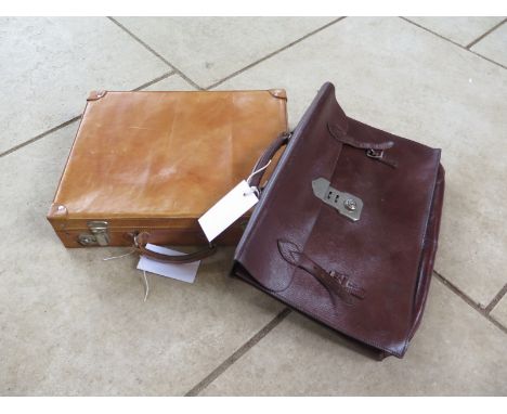 A Vintage leather briefcase and a light tan leather attache case with shoulder strap - attache case 39cm wide x 8cm x 31cm - 