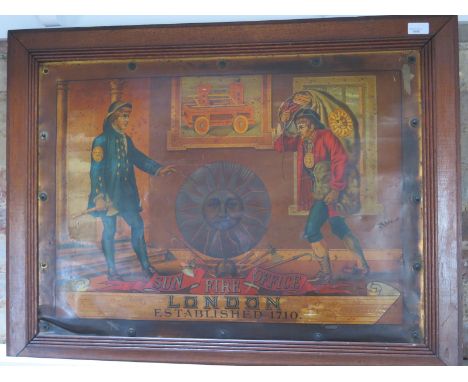 A rare Victorian Insurance printed metal sheet - Sun Fire Office - advertisement with the Companys. Servants, Fire Engine, Em