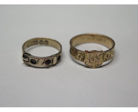 Two 9ct gold band rings - One Victorian Mourning ring set with a shield - Size P 1/2 - The underside of the shank with woven 