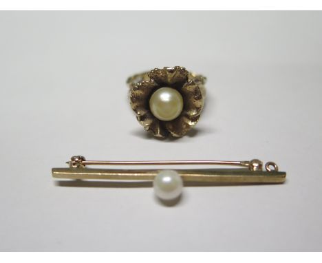 A 9ct gold foliate style pearl ring size K 1/2 and a 9ct gold pearl brooch with gold pin - total weight approx for boxed item