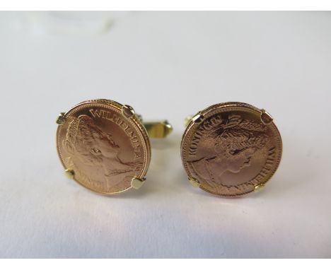 A pair of gilt metal cufflinks set with Koningin Wilhemina 5 guilder 900 purity gold coins, total weight approx 15.6 grams 