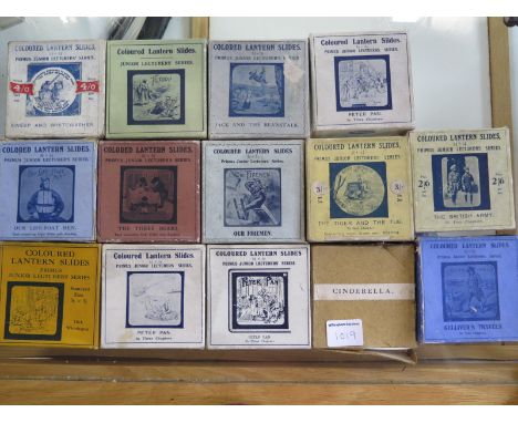 Fourteen boxed sets of Primus junior lecturers series lantern slides including Aladdin , our life-boat men and Peter Pan  - T