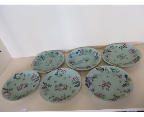 six oriental plates decorated with insect and peony decoration - 19.5cm diameter - all sound condition, some enamel wear, esp