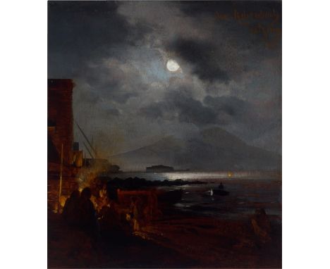 Oswald Achenbach (1827 – Düsseldorf – 1905). Fischer in der Bucht von Neapel bei Mondschein. 1885Öl auf Holz.  24&nbsp;×&nbsp