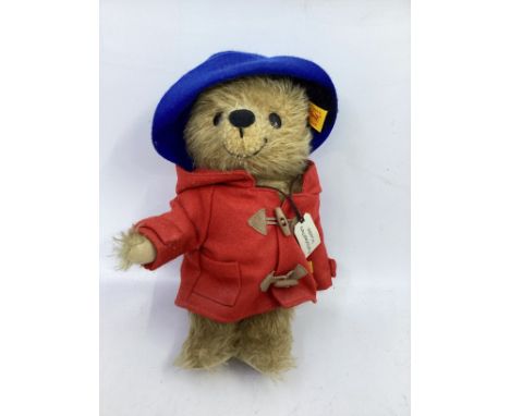 Steiff 10&rdquo;long haired mohair Paddington Bear teddy bear toy &nbsp;with coat hat and label-firm paw standing toy with bo