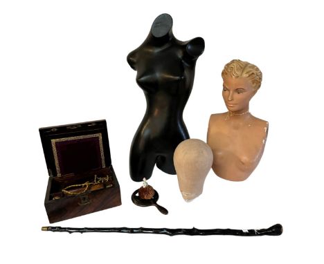 Vintage props and display pieces to include a 1930s mannequin bust, a millinery linen 'head' a 1920s iron and ironing board, 