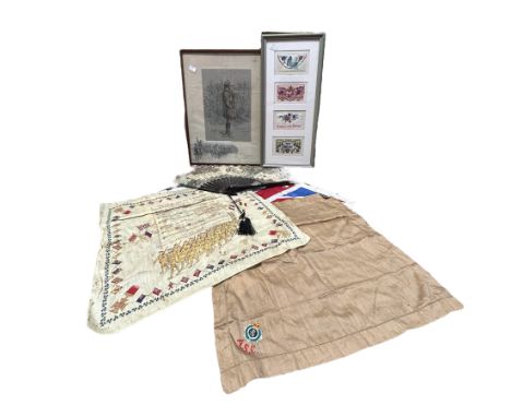 First world war memorabilia to include three handkerchiefs, one with "it's a long way to Tipperary", some framed embroidered 