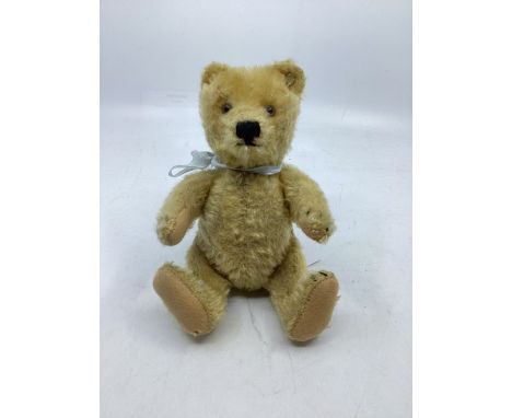 Steiff German small antique teddy bear c 1950s , 8&rdquo; golden Mohair, part worn &nbsp;with glass eyes, stitched snout and 