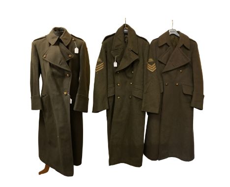 Three British army great coats, one dated Jan 1941 and three pairs of breeches, one pair dated 20.1.22 (6) breeches sized 30-