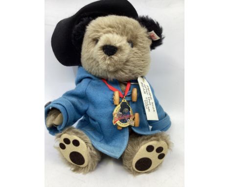 Steiff Paddington Bear 662010 with white tag and medal standing bear with coat and hat 2008 model 11&rdquo; tall solid standi