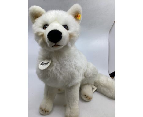 Steiff german Large Artic white seated dog with all labels 43cm tall with long husky tail and labels and ear tag 501401 toy l
