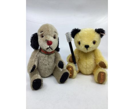 Steiff German Vintage sooty and sweep teddy bears toys pair 11&rdquo; tall, white tags ; sweep 664441 and sooty with his wand