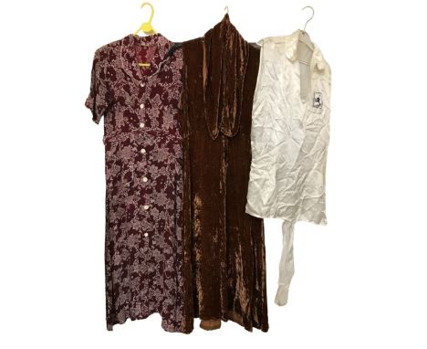 1930s and 40s fashions to include a ballerina pink evening gown with soutache bodice and sweetheart neck, a brown velvet dres