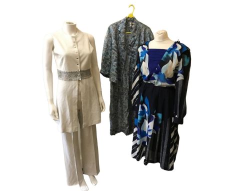 Mixed era vintage clothing to include a 1940s powder blue crepe evening gown, a 1940s navy blue crepe summer jacket or blouse