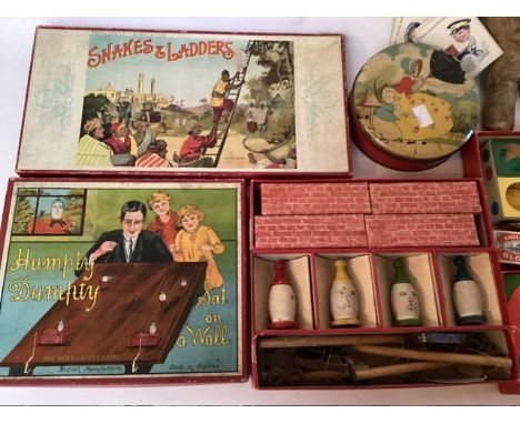 Antique Humpty Dumpty Boxed Board play game , with a snakes and ladders early board, cards , companion boxed games set, a ted