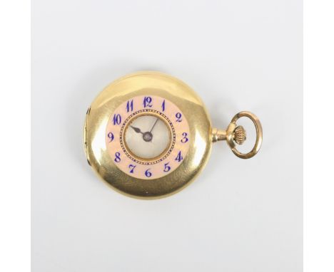 An early 20th century yellow metal ladies half hunter fob watch, the circular dial with Arabic numerals, set to case with eng