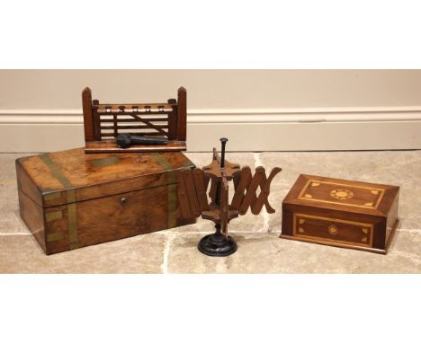 A Victorian burr walnut and brass bound writing box, the cover centred with a brass presentation cartouche dated 1885, openin