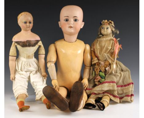 Two wax over composite dolls, late 19th century, each with blue eyes and painted features, both with wood fibre filling, alon