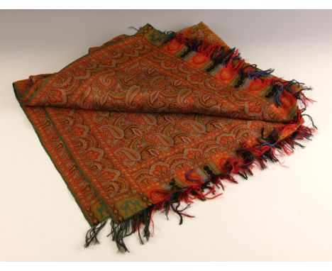 A paisley shawl of large proportions, fringed to two edges, 190cm x 190cm; with a floral chenille shawl with long fringe all 