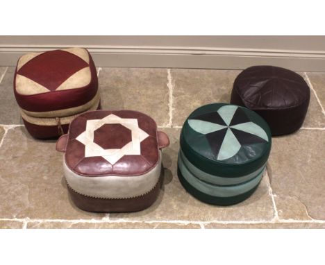 A 1960's/70's leather pouffe/footstool by Sherborne, of rounded cubic form, the top with an interlaced geometric motif, 26cm 