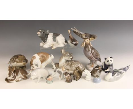 A selection of Royal Copenhagen animal and bird models, to include a 1072 calf, 17cm wide; a 1700 billy goat, 10cm high; a 66
