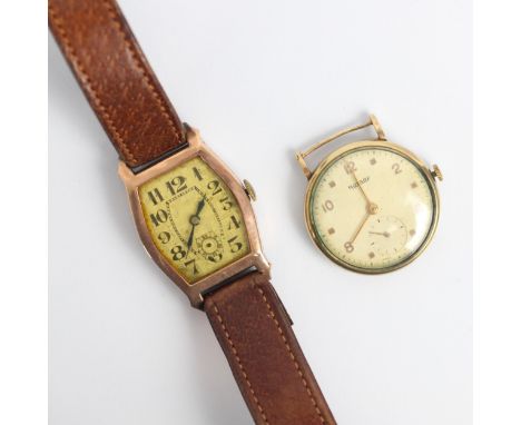An early 20th century 9ct gold cased wristwatch, the tonneau shaped dial with Arabic numerals and subsidiary dial to 6 o'cloc