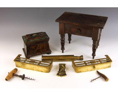 A Victorian stained wood apprentice desk, modelled on turned legs with a single drawer, 22cm H x 28cm W x 16cm D, a faux waln
