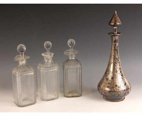 A Chinese export silver overlay decanter and stopper, import mark for Birmingham 1908, 33.5cm high overall (at fault), with a