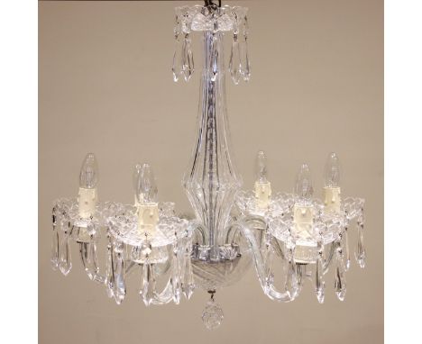 A 19th century style six branch crystal chandelier, probably by Waterford, the bottle shaped stem extending to six 'S' shaped
