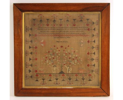 A William IV needlework sampler, worked by Sarah Johnson and dated 1836, the verse text above a depiction of Adam and Eve in 
