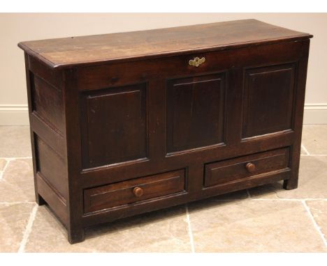 An 18th century oak mule chest, the moulded twin plank top over three fielded panels and a pair of drawers, all upon stile fe