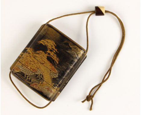 A Japanese four-row Inro, Edo Period, decorated in gold and red hiramaki-e to each row depicting mountainous landscapes with 