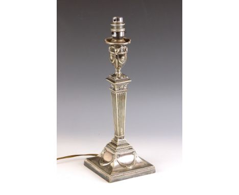 A Victorian silver plated Adam style lamp base, Walker & Hall, the classical column mounted with rams masks supported on a sw