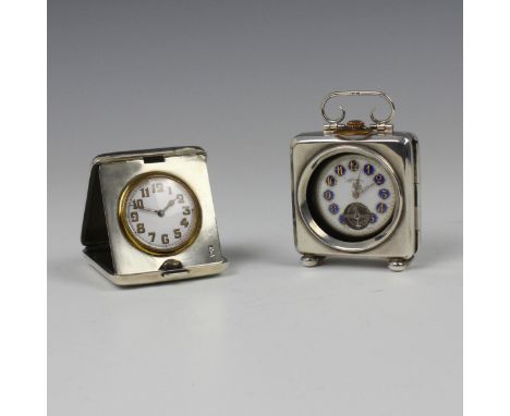 A George V silver desk timepiece, Cohen & Charles, Chester 1912, the white enamel dial of the time piece with Arabic numerals