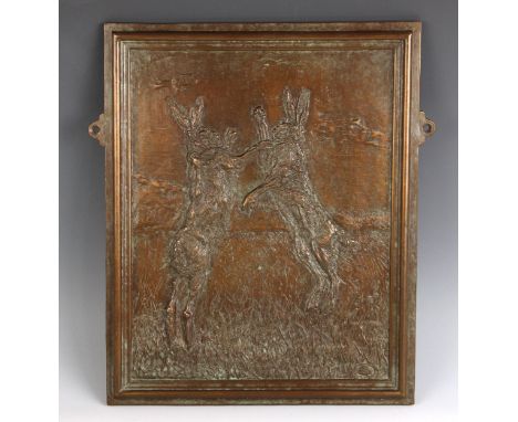 A limited edition relief cast patinated bronze plaque depicting two boxing hares against a naturalistic landscape, monogramme