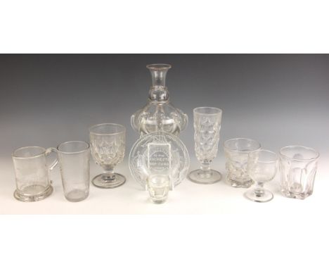 Ten pieces of early pressed glass, to include a colliery 'disaster glass' engraved 'In Memory of / Samuel Clegg / Who was kil