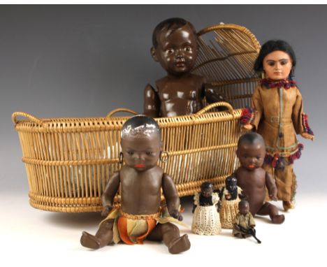 A Heubach Koppelsdorf black bisque head doll, 399.13/0, with composite body and articulated limbs, with another similar, 399.