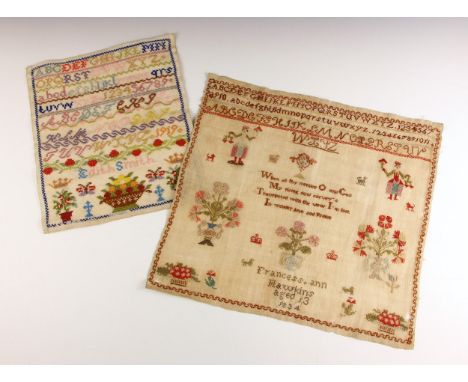A William IV needlework sampler worked by Francess Ann Hawking aged 13 and dated 1834, the alphabet and number lines above fi