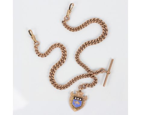 An early 20th century yellow metal watch chain, the rose metal curb links all stamped ‘9.375’ suspending two lobster swivel c