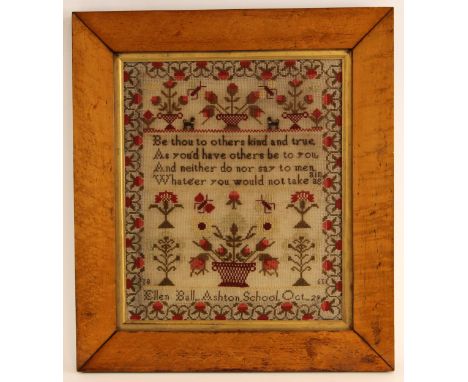 A Victorian needlework sampler worked by Ellen Ball of Ashton School and dated October 29 1861, the central verse from 'The G