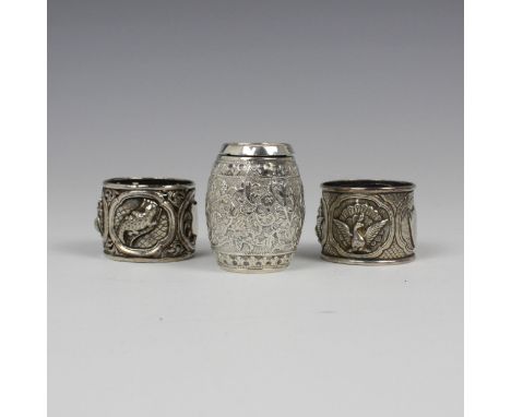 A Victorian silver novelty pepperette, indistinct makers mark, London 1878, of barrel shape with all over embossed decoration