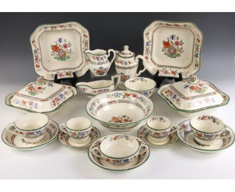 A large quantity of Copeland Spode dinner wares in the 'Chinese Rose' pattern, to include a meat plate, 43cm wide, a smaller 