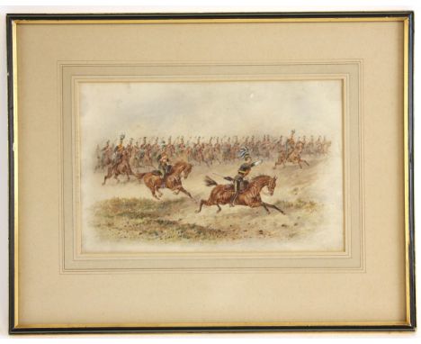 Orlando Norie (Belgian, 1832-1901),  Charging Cavalry, the 9th Queen's Royal Lancers,  Watercolour on paper,  Signed lower ri